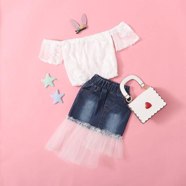 

Toddler Girls Bardot Blouse & Mesh Panel Skirt, Multicolor