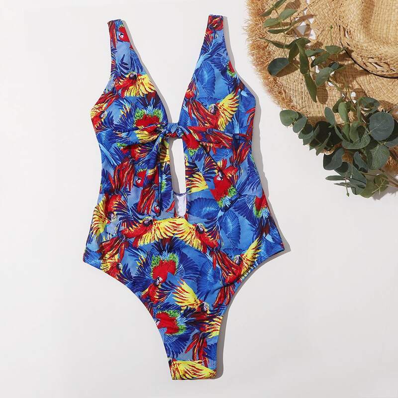 

Bird Print Knot Front One Piece Swimsuit, Multicolor