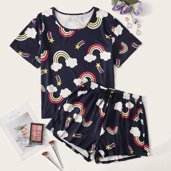 

Plus Rainbow Print Top & Shorts PJ Set, Navy blue