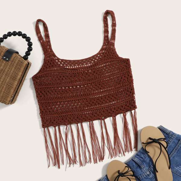 

Fringe Hem Crop Knit Top, Red