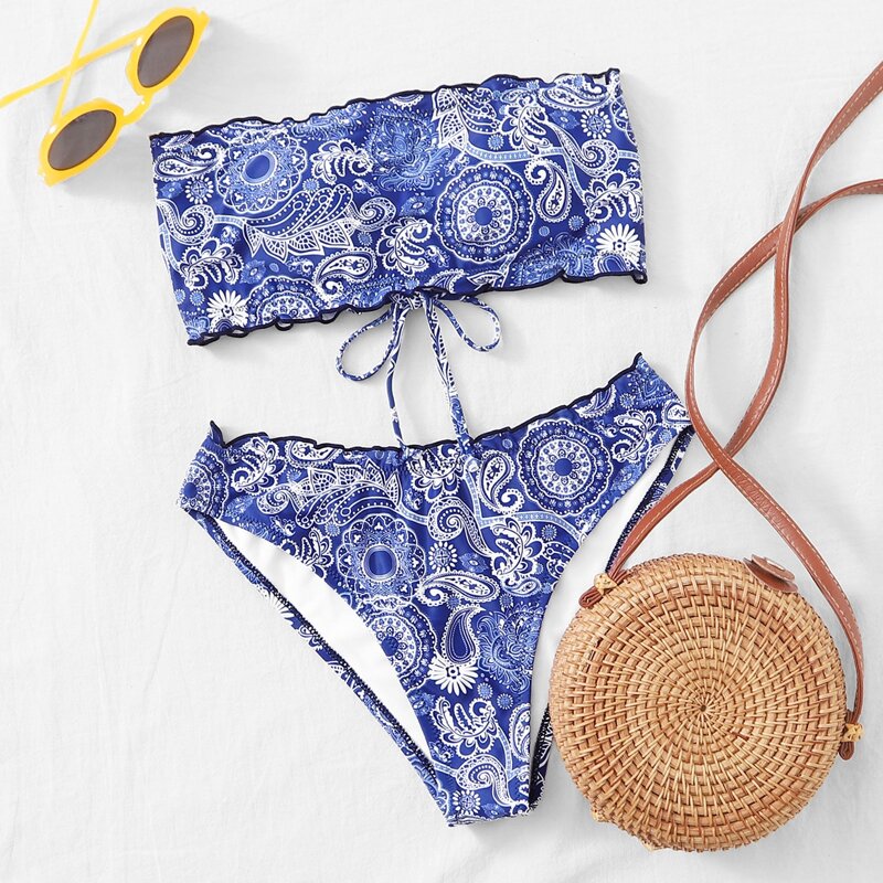 

Tribal & Paisley Bandeau Bikini Swimsuit, Blue