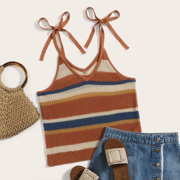 

Striped Tie Shoulder Knit Top, Multicolor