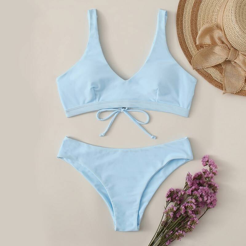 

Solid Tie Back Bikini Swimsuit, Blue