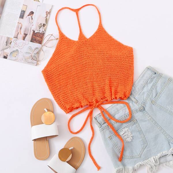

Neon Orange Knot Hem Knit Top, Orange bright