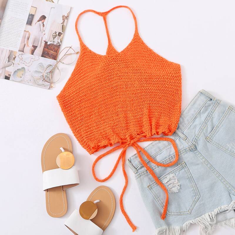 

Neon Orange Knot Hem Knit Top, Orange bright
