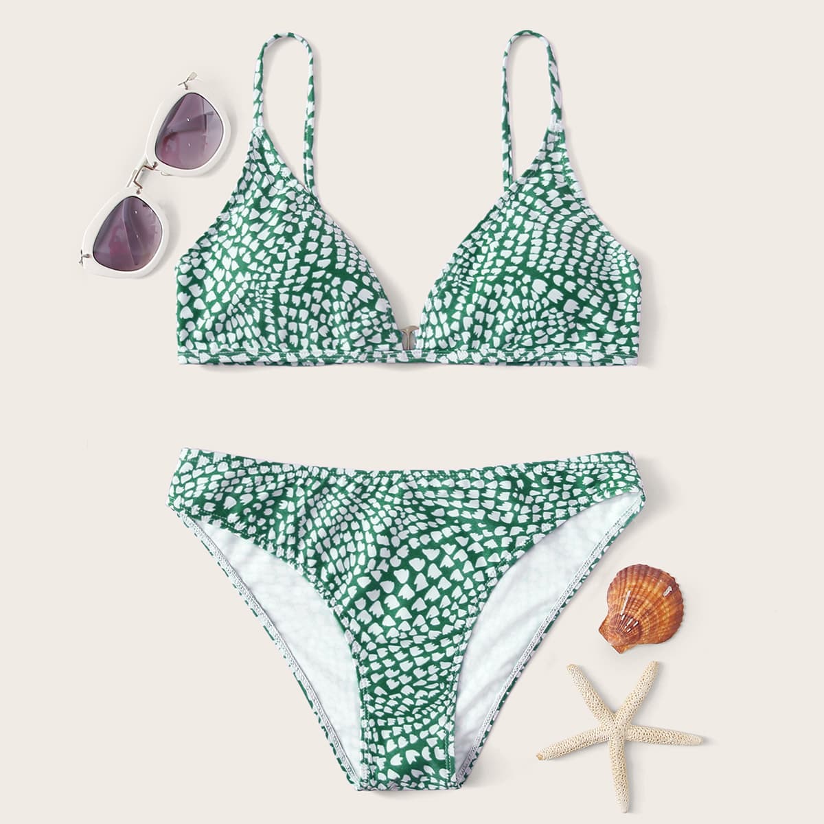 

V-neck Allover Print Bikini Swimsuit, Green