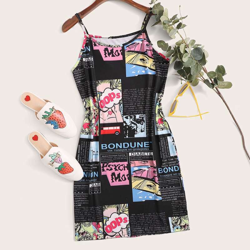 

Pop Art Print Cami Dress, Black