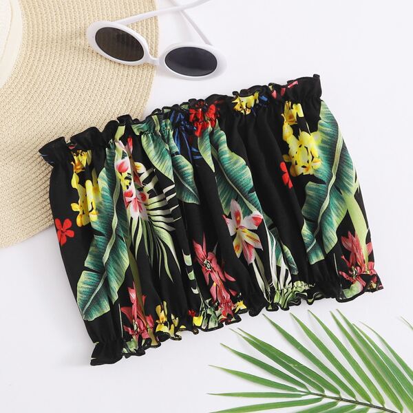 

Tropical Print Frill Trim Tube Top, Black