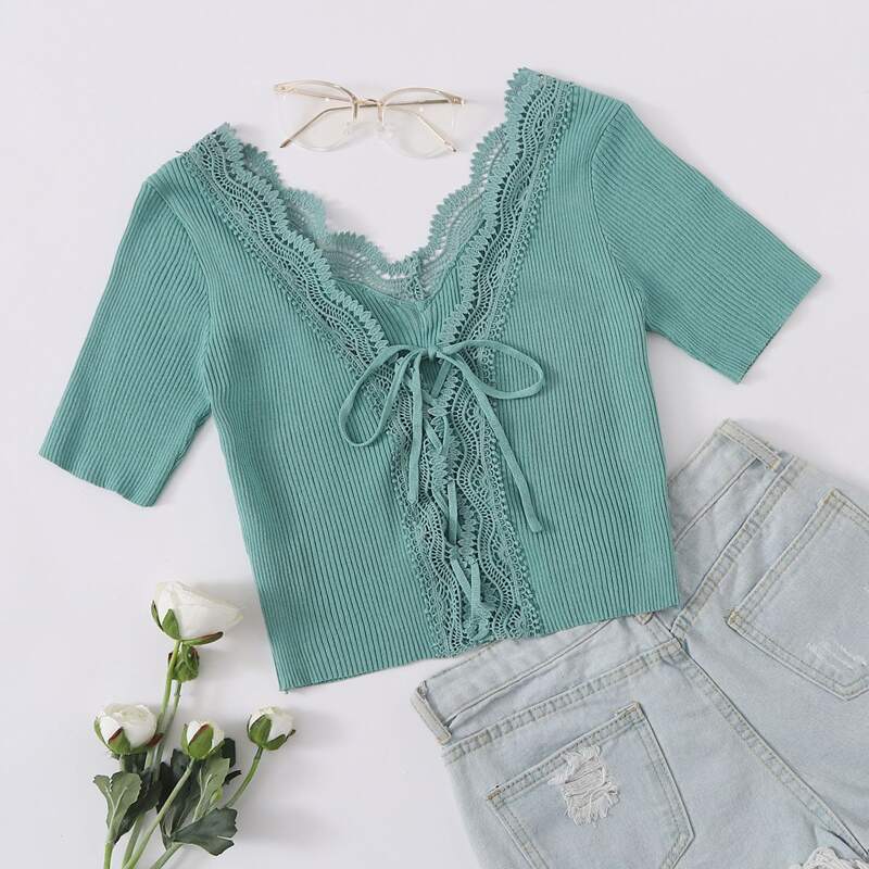

Lace Up Front Lace Trim Knit Top, Green