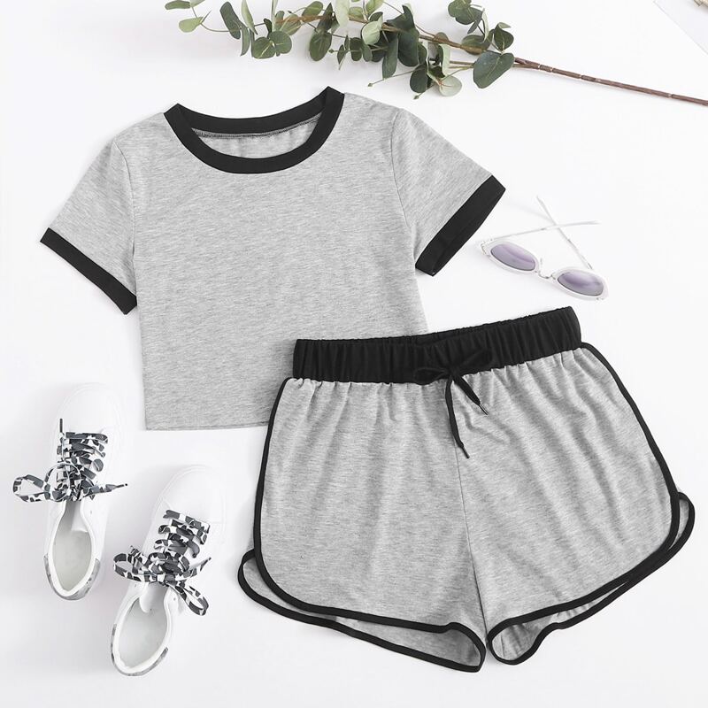 

Crop Ringer Tee & Dolphin Shorts, Grey