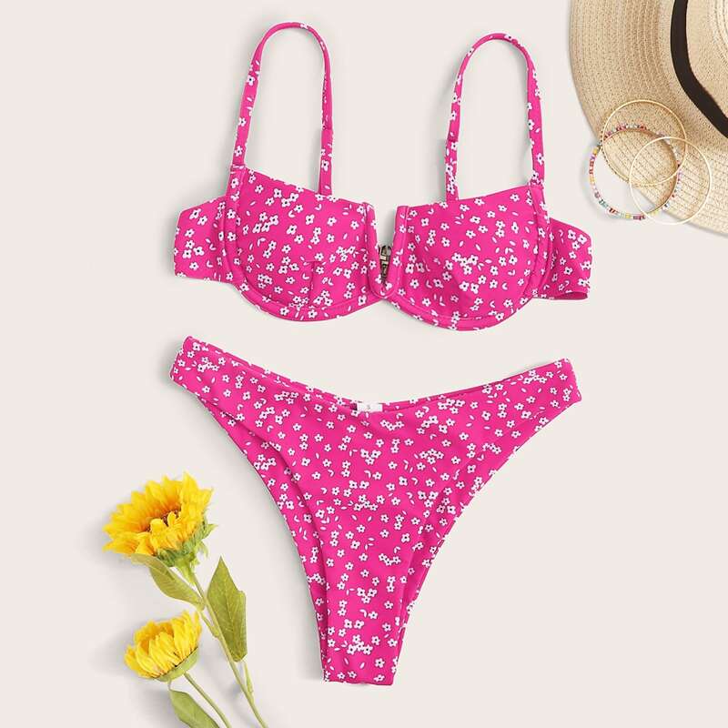 

Neon Pink Ditsy Floral V-wired Bikini Swimsuit, Pink bright
