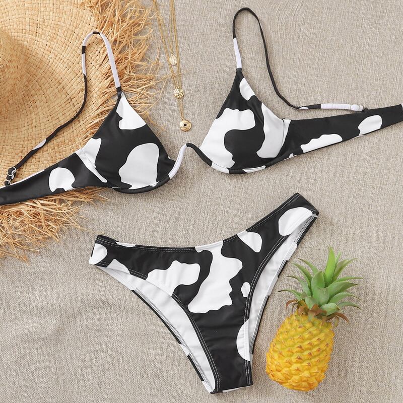 

Cow Print Push Up Bikini Swimsuit, Black and white