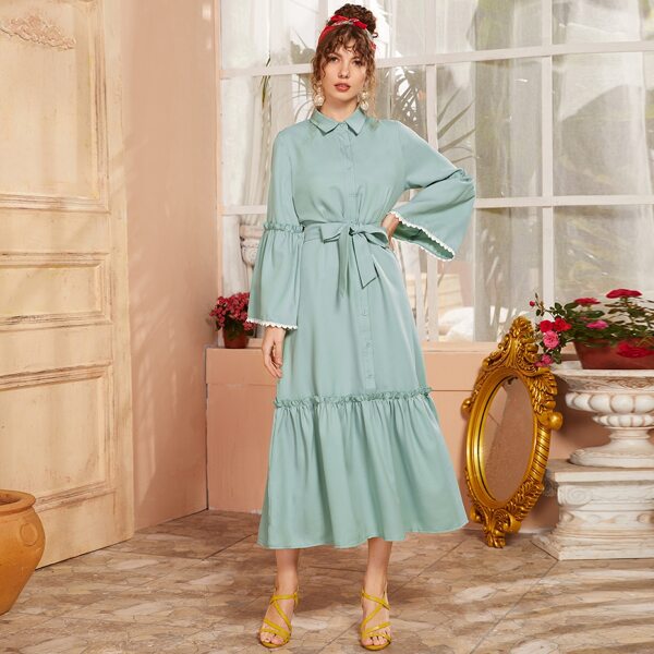 

Lettuce Trim Shirt Dress With Belt, Green