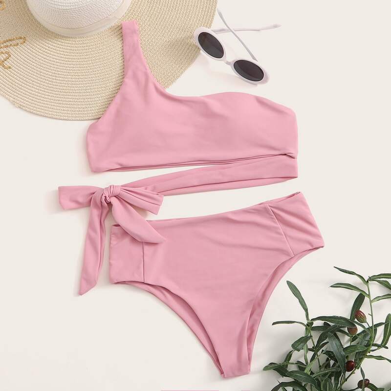 

One Shoulder High Waist Bikini Swimsuit, Pink
