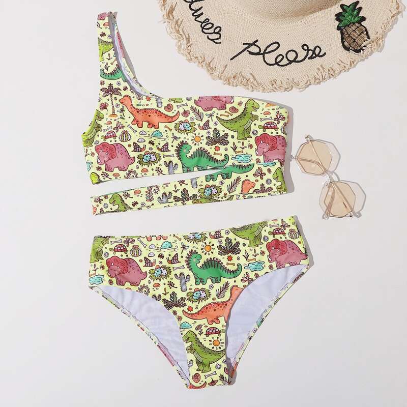 

Cartoon Animal One Shoulder Bikini Swimsuit, Multicolor