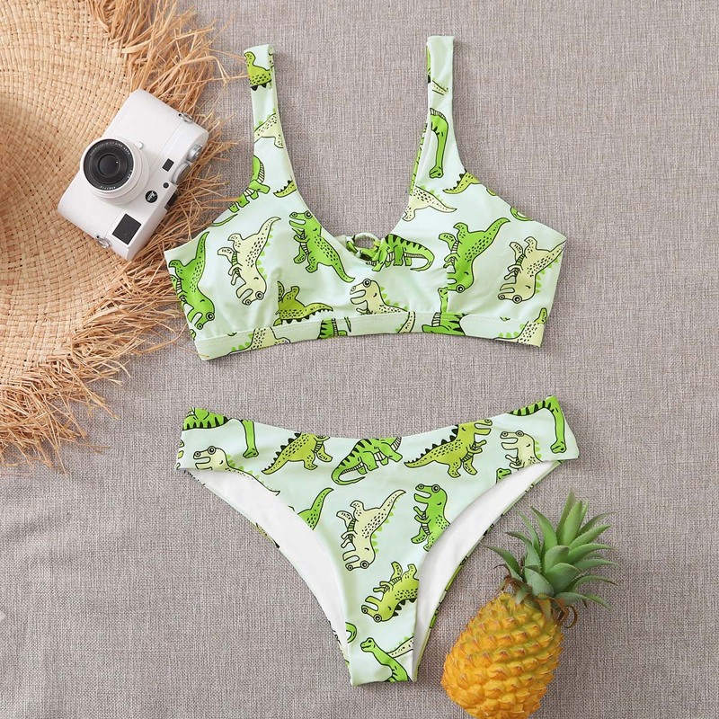 

Cartoon Dinosaur Tie Back Bikini Swimsuit, Green