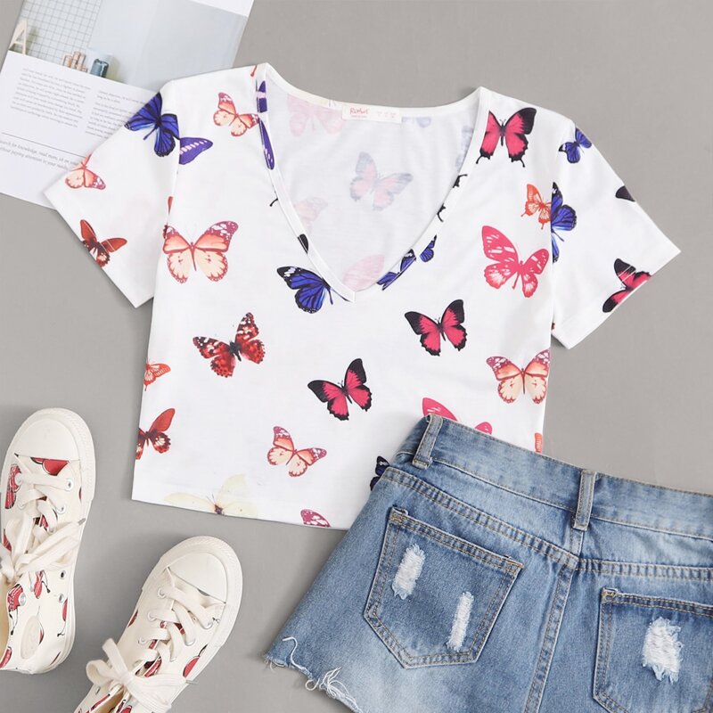 

V-neck Butterfly Print Tee, White
