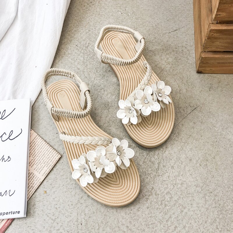 

Floral Braided Strap Sandals, White