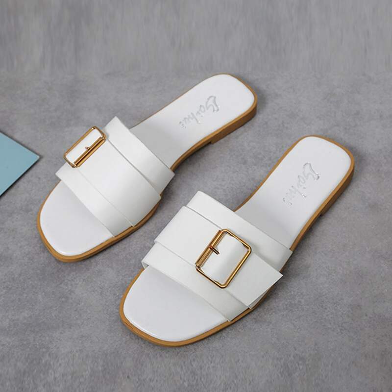 

Buckle Band Flat Sliders, White