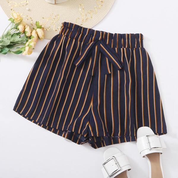 

Striped Knot Front Paperbag Waist Shorts, Navy
