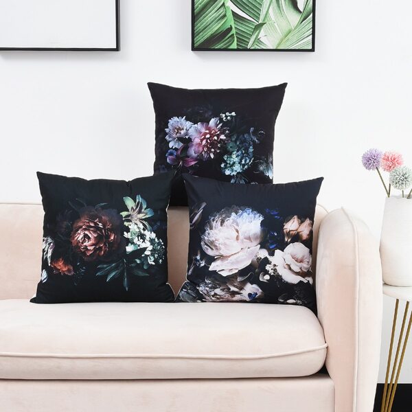 

1pc Floral Print Cushion Cover Without Filler, Black