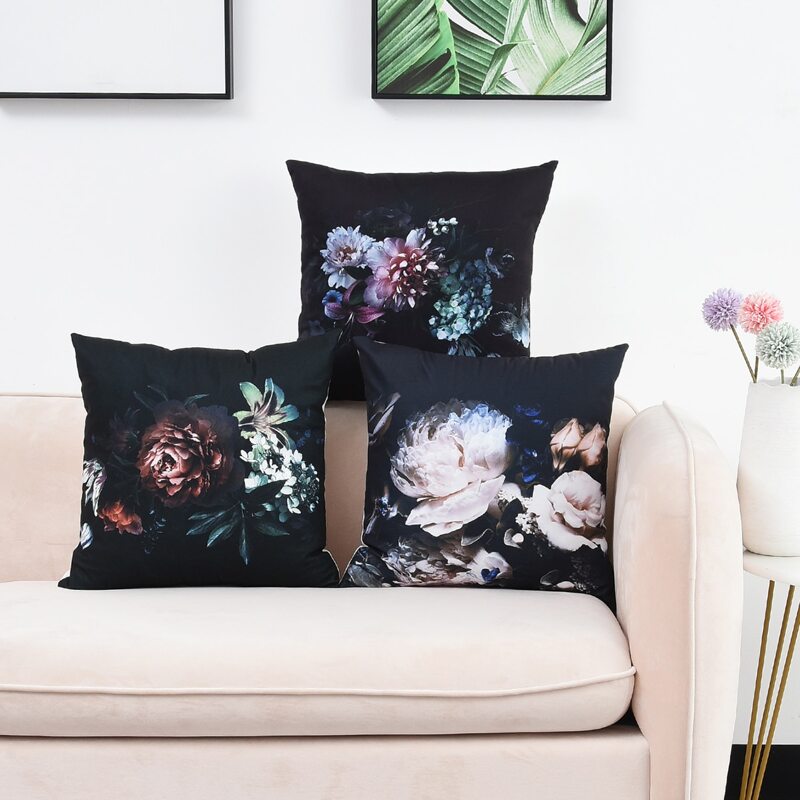 

1pc Floral Print Cushion Cover Without Filler, Black