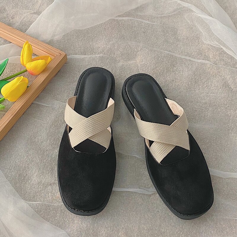 

Crisscross Strap Flat Mules, Black