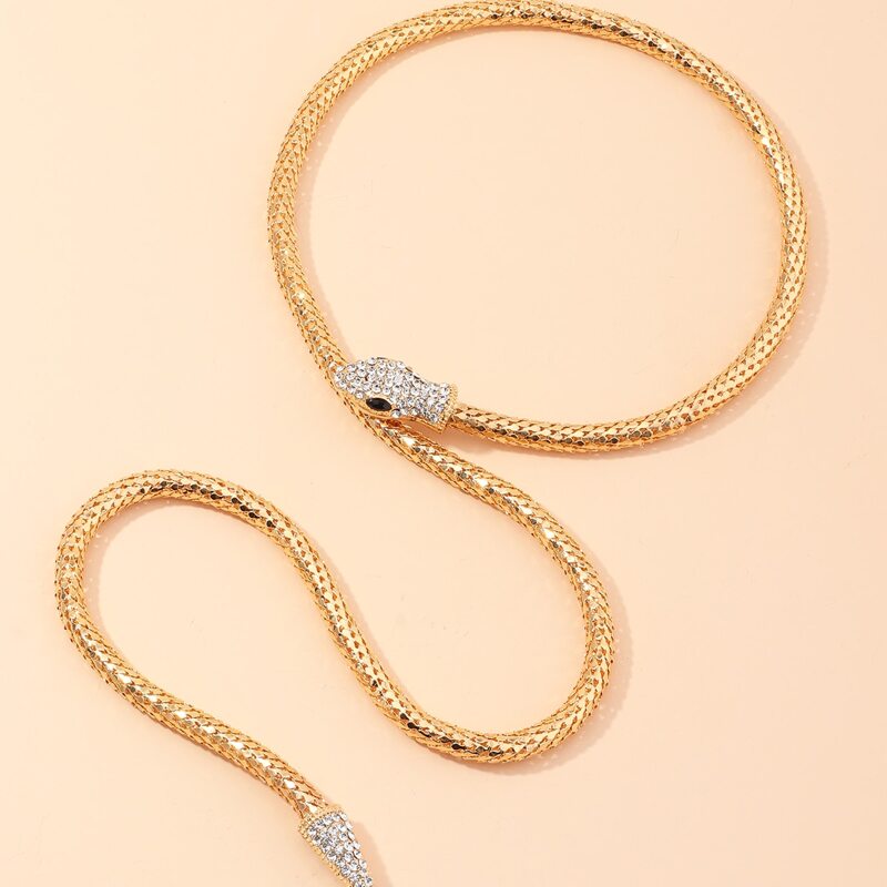 

1pc Rhinestone Decor Serpentine Necklace, Gold