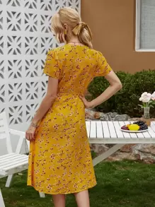 SHEIN VCAY Batwing Sleeve Wrap Knotted Floral Dress - Yellow - View 2