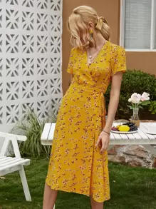SHEIN VCAY Batwing Sleeve Wrap Knotted Floral Dress - Yellow - View 3