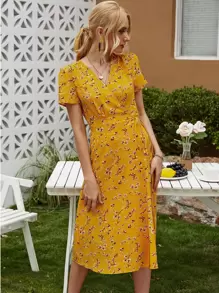 SHEIN VCAY Batwing Sleeve Wrap Knotted Floral Dress - Yellow - View 5