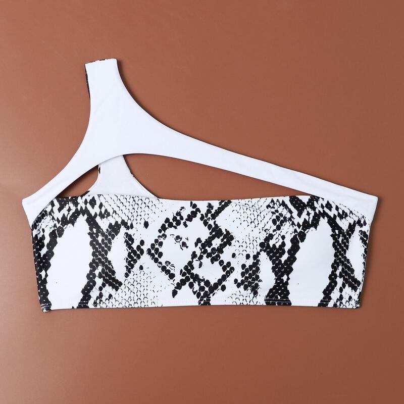 

Snakeskin Cut-out One Shoulder Bikini Top, Black and white