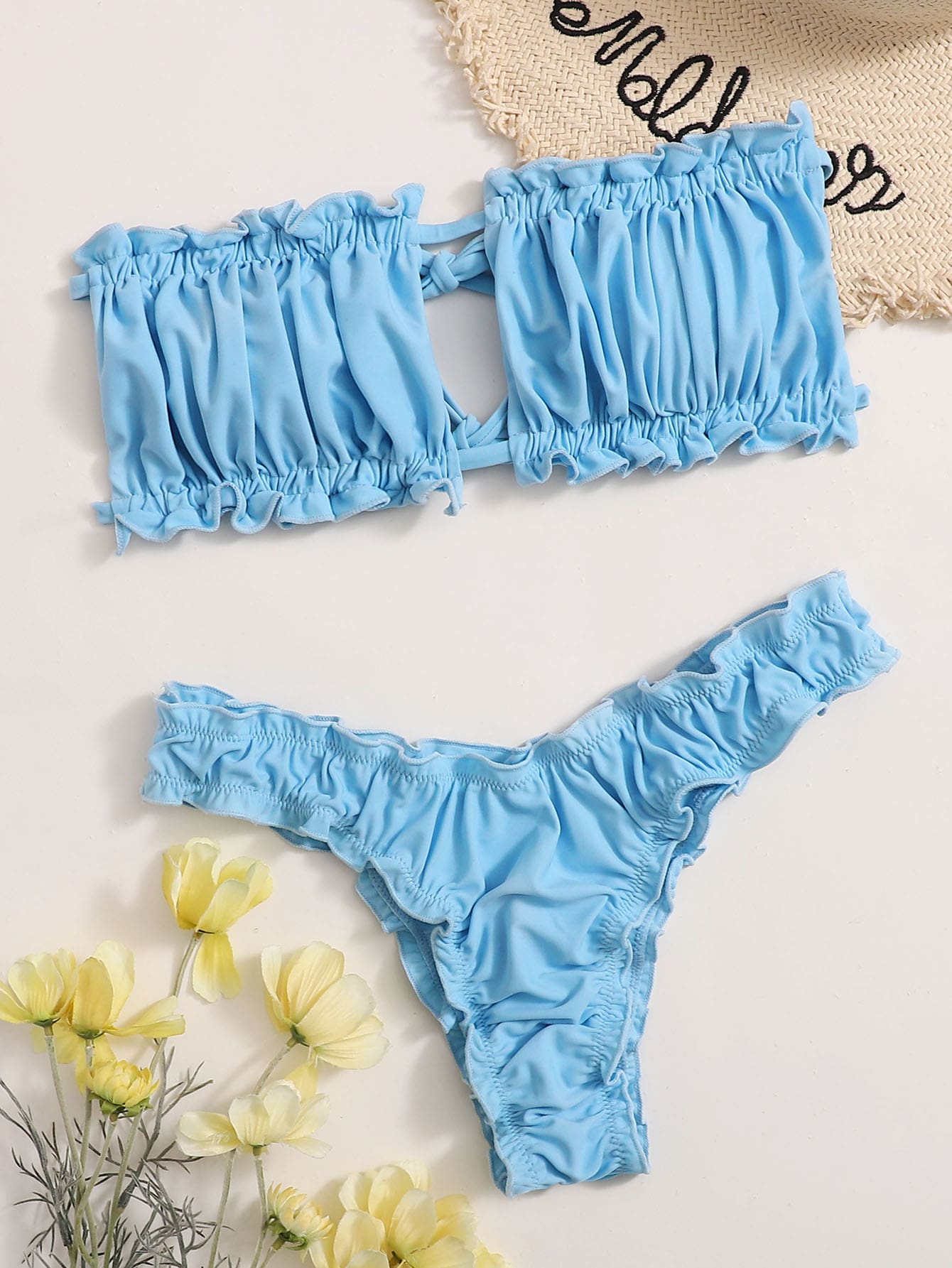 leopard trim bandeau bikini set