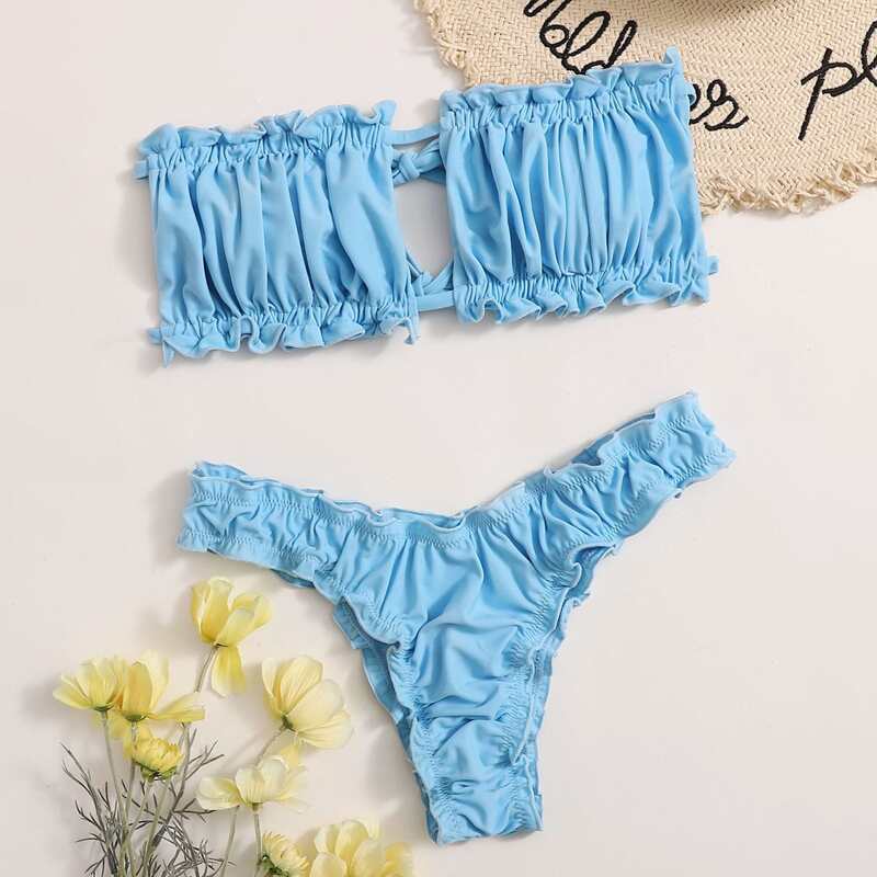 

Ruched Lettuce Trim Bandeau Bikini Swimsuit, Blue