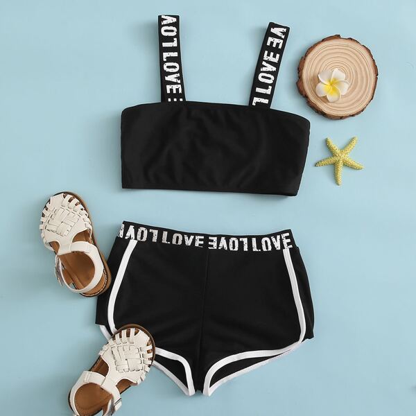 

Girls Letter Tape Bikini Swimsuit, Black