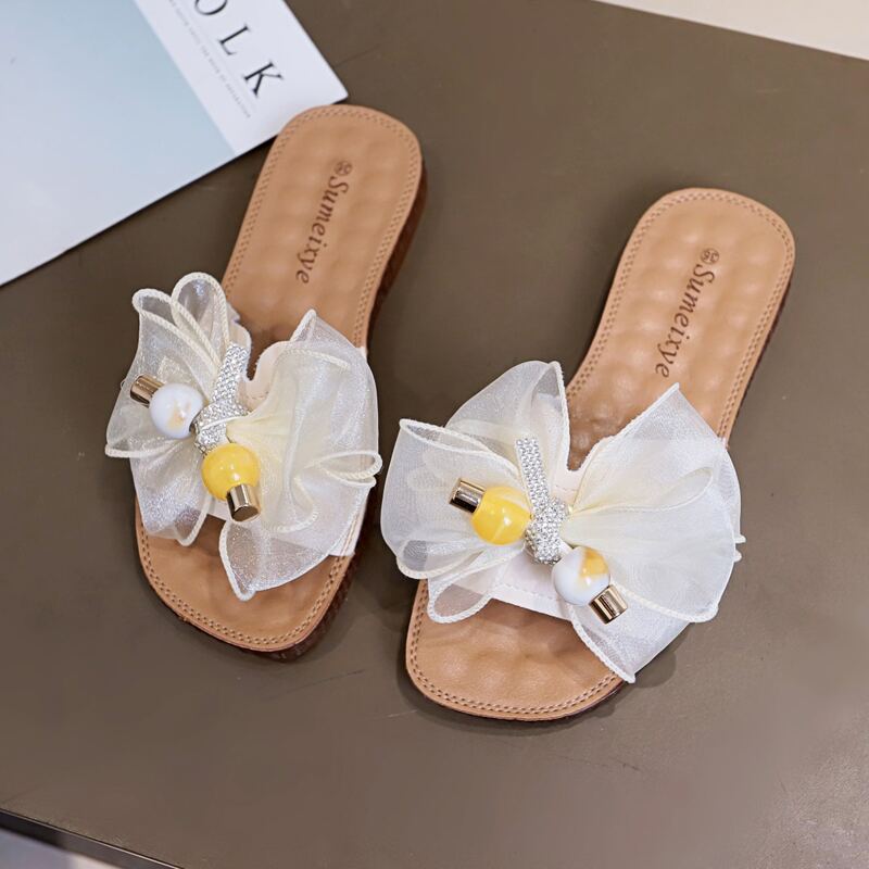 

Rhinestone Bow Flat Sliders, White