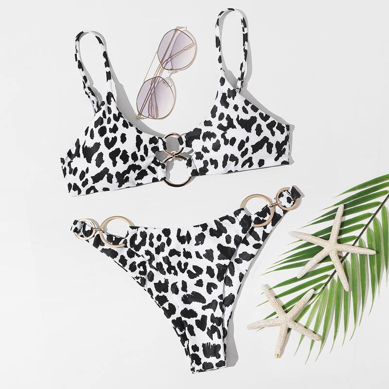 

Leopard Ring Linked Bikini Swimsuit, Black and white