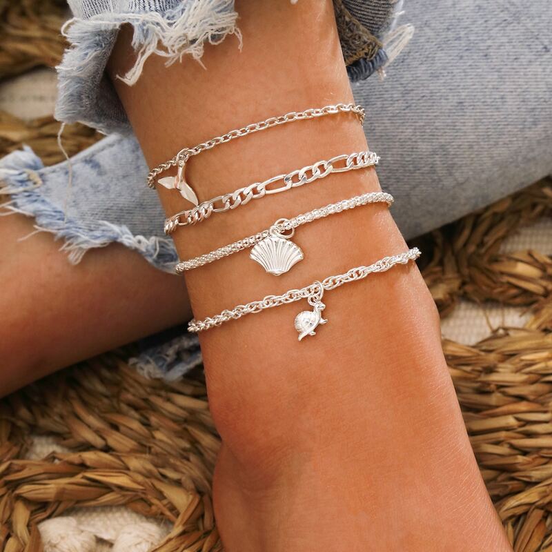 

4pcs Shell Charm Anklet, Silver