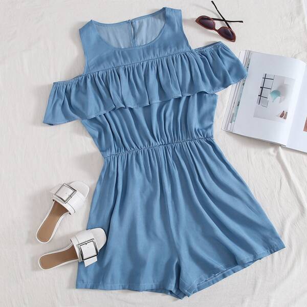 

Plus Ruffle Cold Shoulder Romper, Blue
