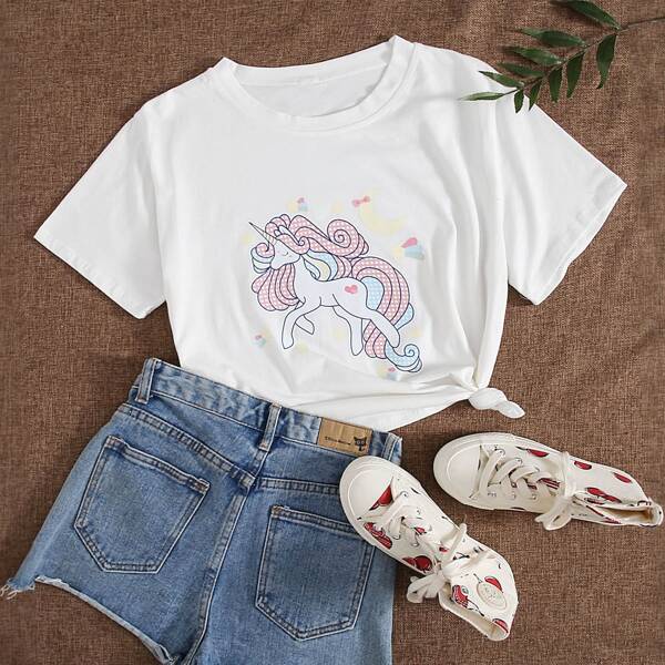 

Cartoon Unicorn Print Tee, White