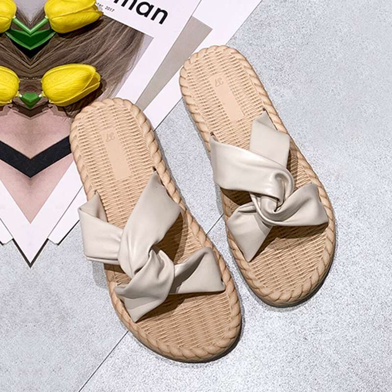 

Twist Strap Flat Sliders, Beige