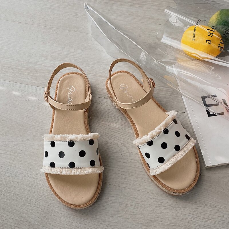 

Polka Dot Fringe Trim Sandals, White