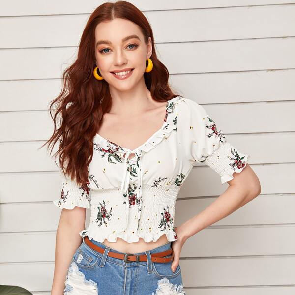 

Floral Print Frill Trim Shirred Crop Top, White