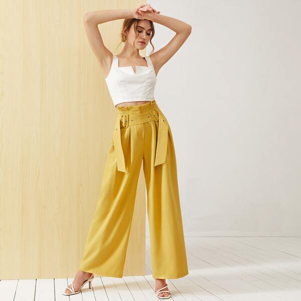 

Paperbag Waist Fold Pleated Front Buckle Belted Pants, Yellow