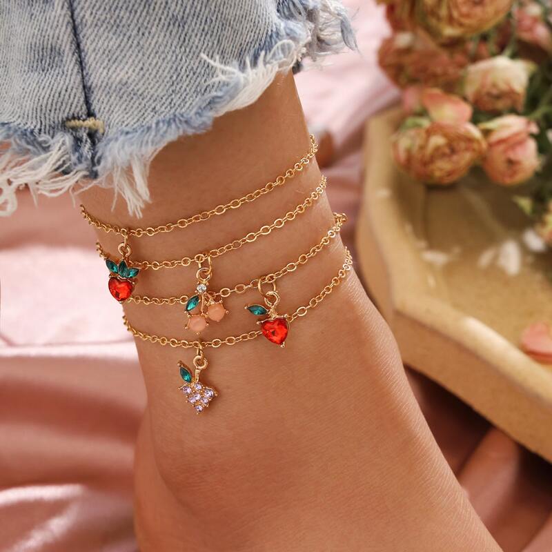

4pcs Heart Charm Anklet, Gold