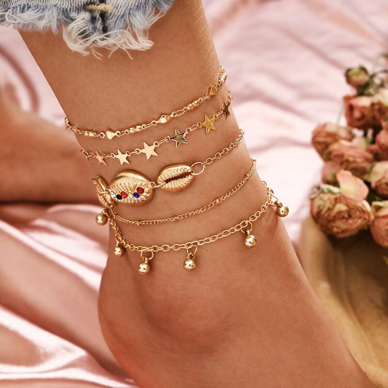 

5pcs Shell Decor Anklet, Gold