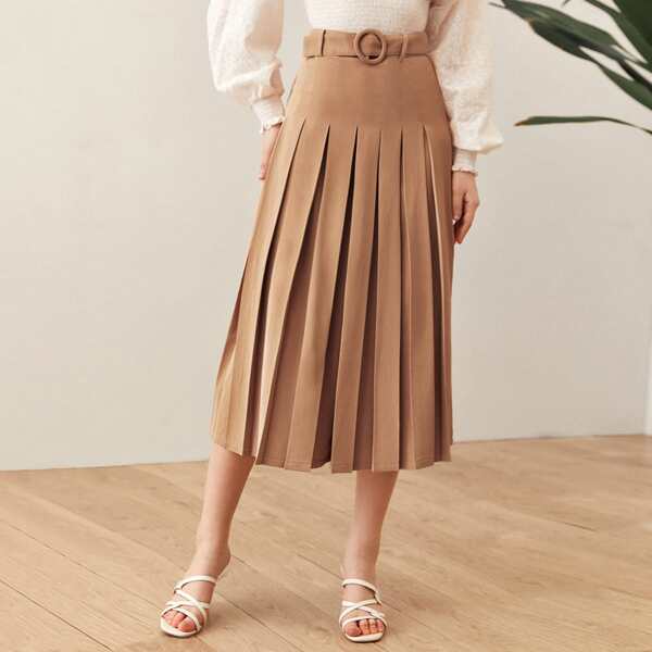 

O-ring Belted Boxy Pleated Front Wide Leg Capri Pants, Khaki
