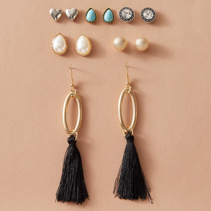 

6pair Heart & Tassel Earrings, Multicolor