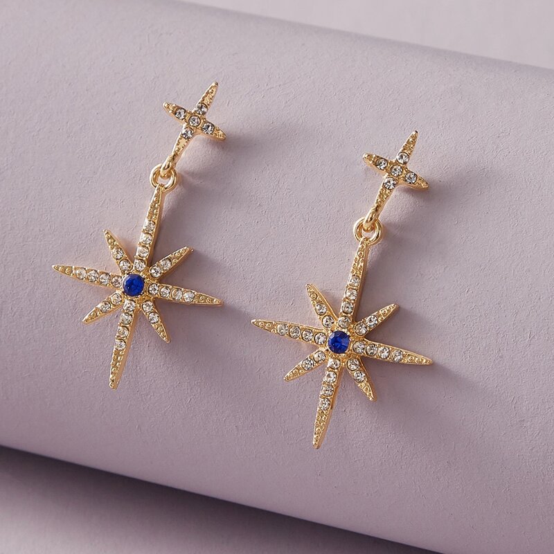 

Rhinestone Engraved Star Drop Earrings, Silver