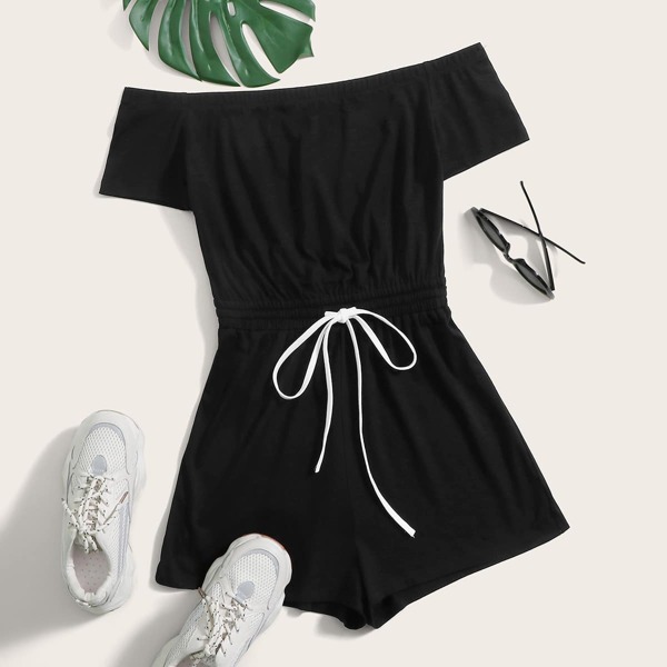 

Off Shoulder Tie Front Bardot Romper, Black